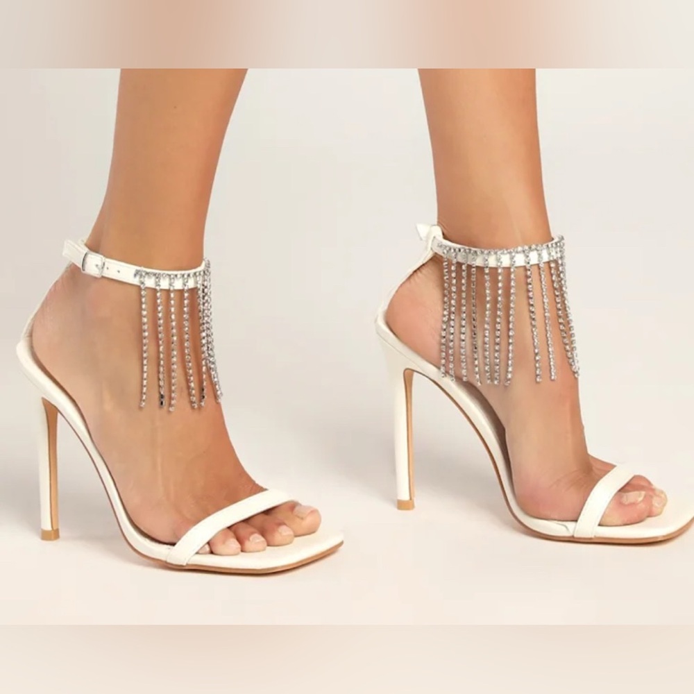 Lulu Elegant White Stiletto Heel Sandals with Rhinestone Fringe